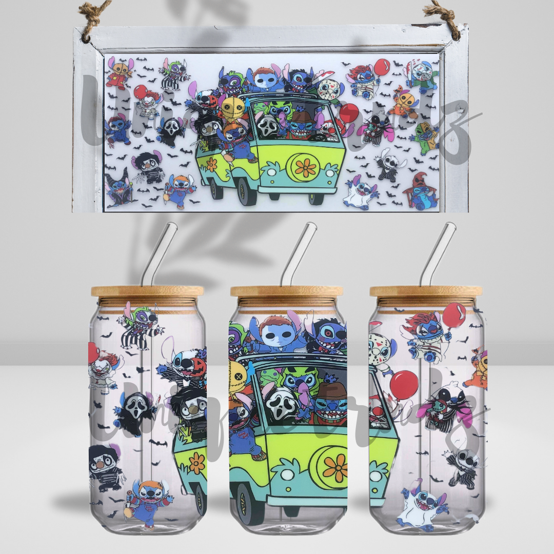 Alien Boy and Halloween Friends 16oz Glass Cup